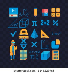 Math set pixel art icons. Mathematical formula. School stationery. Teacher male character. Measuring ruler, pencil, eraser, calculator isolated  vector illustration. 8-bit. Design stickers, logo, app.