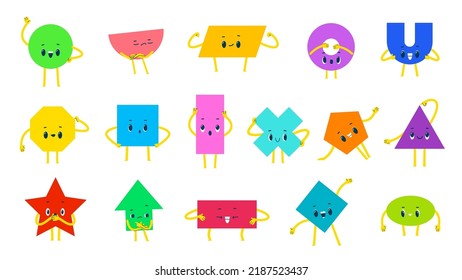 Math shape characters with funny geometric figures, vector geometry education. Cartoon triangle, square, circle and rectangle, hexagon, diamond, pentagon, star and arrow personages with cute faces