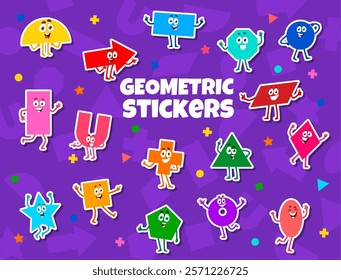 Math shape characters stickers pack. Cartoon geometric figures. Semi circle, arrow, rectangle, circle and octagon, parallelogram, u shape, cross and square, triangle, diamond or star, pentagon, oval