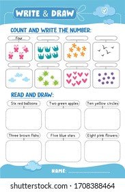 Math sheet for primary school / Kindergarten sheet and exercise / Math  practice lesson /Homeschooling sheet/ Count, write, read and draw quiz