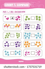 Math sheet for primary school / Kindergarten sheet and exercise / Math  practice lesson /Homeschooling sheet/ Count and compare/ Greater and less than or equal