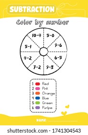 Math sheet for primary school / Kindergarten sheet and exercise / Math  practice lesson /Homeschooling sheet/ Subtraction exercise for kids/ Color by number