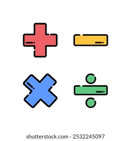 Mathematisches Zeichen. Addition, Subtraktion, Division, Multiplikation. Bildung, Lernkonzept. Farbiger Umriss, Vektordesign, einzelne Illustration.