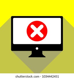 Math sign illustration. Vector. Red icon on white monitor of black all-in-one desktop computer with two shadows at yellow background.