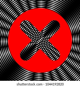 Math sign illustration. Vector. Red icon on white and black radial interference as background.