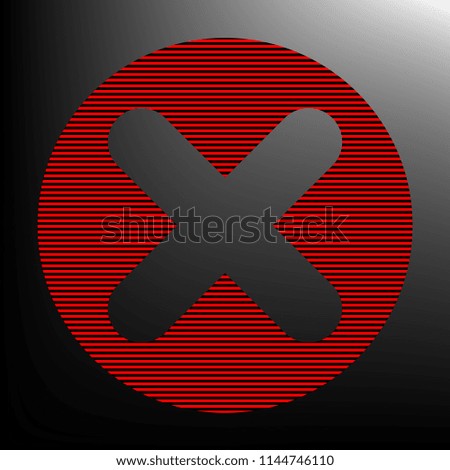 Math sign illustration. Vector. Striped red and black icon at gradient blackish background. Zebra.