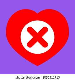Math sign illustration. Vector. White icon in red heart at lavender background.