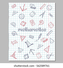 Math sketch icons collection with geometric elements and school supplies on paper sheet isolated vector illustration