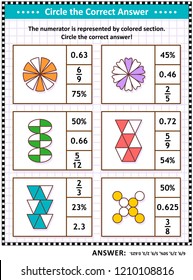 Math skills and IQ training visual puzzle or worksheet for schoolchildren and adults. Circle the correct answer. Find the number equivalent for each pictorial fraction representation. Answer included.