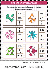 Math skills and IQ training visual puzzle or worksheet for schoolchildren and adults. Circle the correct answer. Find the number equivalent for each pictorial fraction representation. Answer included.