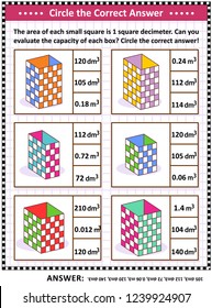 Math skills and IQ training visual puzzle or worksheet. Evaluate the capacity of each box. Circle the correct answer. Answer included.