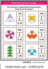 Math skills training visual puzzle or worksheet for schoolchildren and adults. Circle the correct answer. Find the number equivalent for each pictorial fraction representation. Answer included.