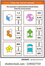 Math skills training visual puzzle or worksheet for schoolchildren and adults. Circle the correct answer. Find the number equivalent for each pictorial fraction representation. Answer included.