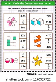 Math skills training visual puzzle or worksheet for schoolchildren and adults. Circle the correct answer. Find the number equivalent for each pictorial fraction representation. Answer included.