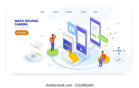 Math Solving Camera, Landing Page Design, Website Banner Vector Template. Photo Equations Solver App. Online Calculator.