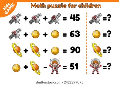 Math space kids game. Educational puzzle for preschool and school children. Counting worksheet. Mathematical example for training logic skills. Cartoon planet Saturn, Venus, astronaut girl. Vector.