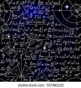 Math space vector seamless pattern with handwritten formulas, figures and algebra equations on starry cosmic background