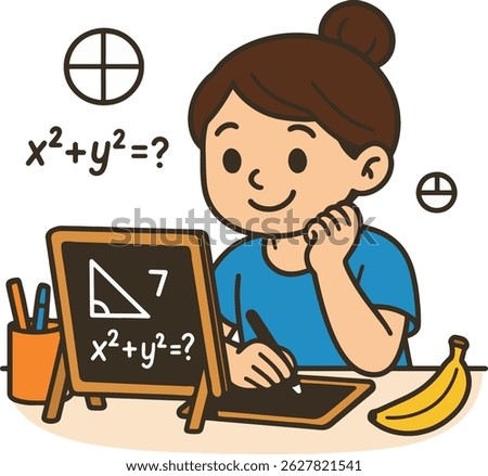 Math Student Studying with a Graphic Tablet, Vector Illustration.