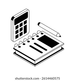 Math study book and calculator with pencil, isometric icon