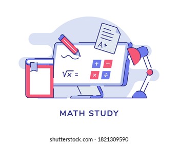 Math study calculation formula on computer screen background of book desk lamp with flat outline style