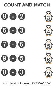 Math substraction game for kids. Count and match with cute penguin. Printable worksheets.