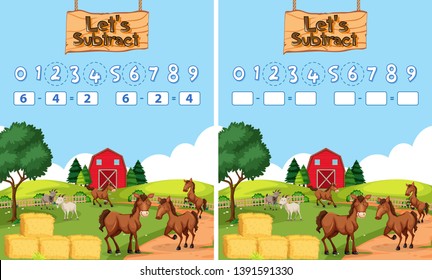 Math subtraction worksheet farm theme illustration