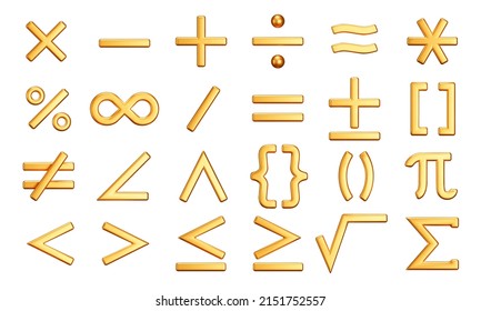 Math symbol icon set. Mathematical symbol for working with calculations. Isolated 3d gold icons, objects on a transparent background