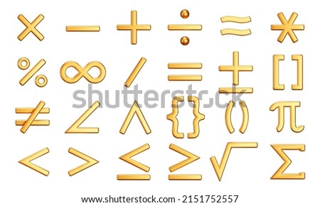 Math symbol icon set. Mathematical symbol for working with calculations. Isolated 3d gold icons, objects on a transparent background