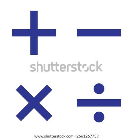 Math symbol. Plus icon, Minus icon, Multiply icon, Divide icon. Mathematical symbol. eps 10