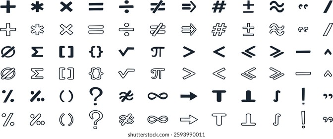 Math symbol set, Mathematical symbols vector including plus, minus, multiplication, division, equal, infinity, pi, sigma, integral, and delta for educational content