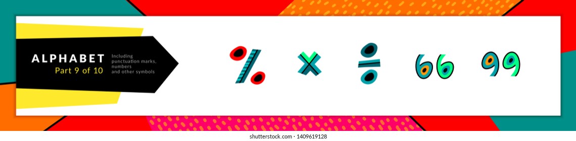 Math symbols of the alphabet. Vector stylized colorful percent, multiply, division and quotation icons set. Typography design and illustration.  Font isolated on white background. Vector illustration