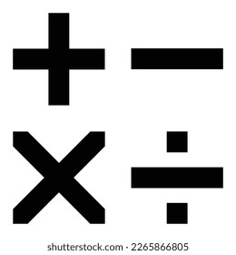 Conjunto de iconos negros de símbolos matemáticos, más, menos, multiplicado por, dividido por.