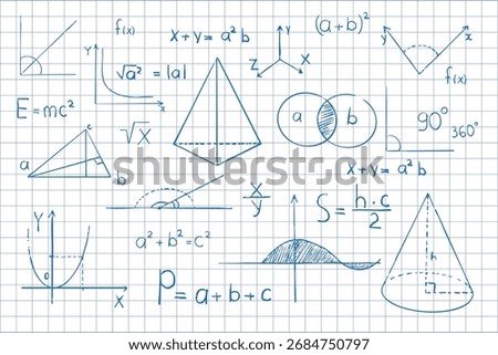 Math symbols blue pencil formulas hand drawn on notebook page background. Sketch symbols mathematical equations, schemes geometry shapes. 