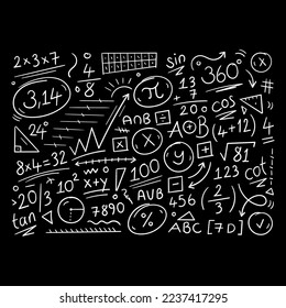 math symbols for business, school, education world. hand drawn math symbols. doodle math symbols on black background. math symbols background