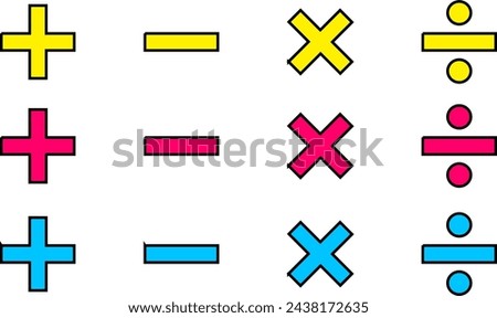 Math symbols CYMK vector. Add subtract multiply divide icons design.