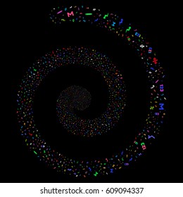 Math Symbols decorative whirl spiral. Vector bright multicolored scattered objects.