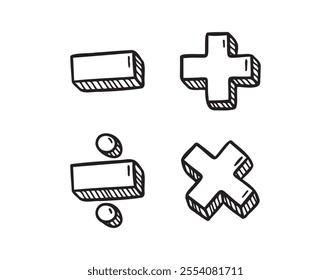 math symbols, divide and multiply, minus and plus doodle hand drawn icon. Outline drawing mathematical operations line clipart symbol. Vector illustration