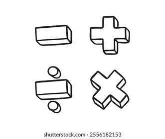 math symbols, divide and multiply, minus and plus doodle hand drawn icon. Outline drawing mathematical operations line clipart symbol. Vector illustration