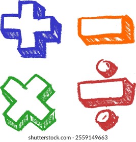 Math Symbols Divide Multiply Minus Plus Crayon Chalk Drawing Vector Set