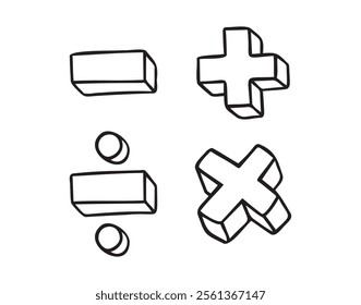 math symbols, divide and multiply, minus and plus doodle hand drawn icon. Outline drawing mathematical operations line clipart symbol. Vector illustration