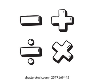 math symbols, divide and multiply, minus and plus doodle hand drawn icon. Outline drawing mathematical operations line clipart symbol. Vector illustration