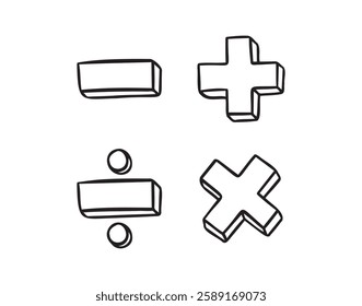 math symbols, divide and multiply, minus and plus doodle hand drawn icon. Outline drawing mathematical operations line clipart symbol. Vector illustration