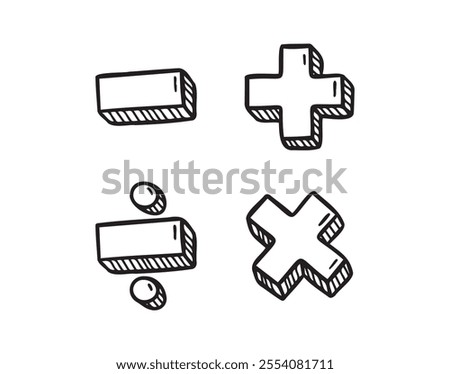 math symbols, divide and multiply, minus and plus doodle hand drawn icon. Outline drawing mathematical operations line clipart symbol. Vector illustration