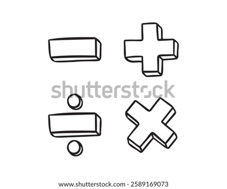 math symbols, divide and multiply, minus and plus doodle hand drawn icon. Outline drawing mathematical operations line clipart symbol. Vector illustration