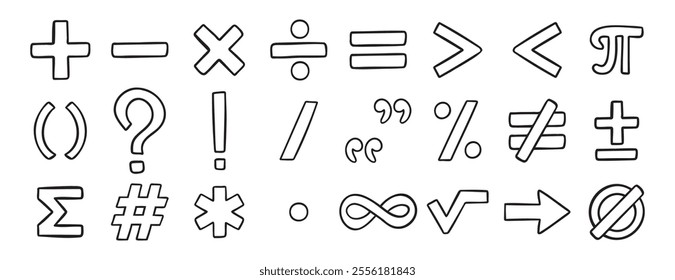 math symbols doodle hand drawn icon set. Outline drawing line clipart symbol collection. Vector illustration