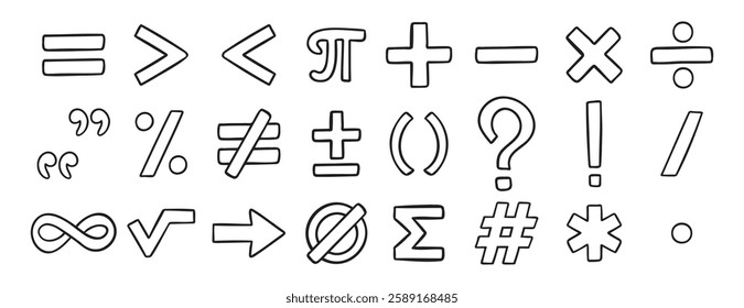 math symbols doodle hand drawn icon set. Outline drawing line clipart symbol collection. Vector illustration