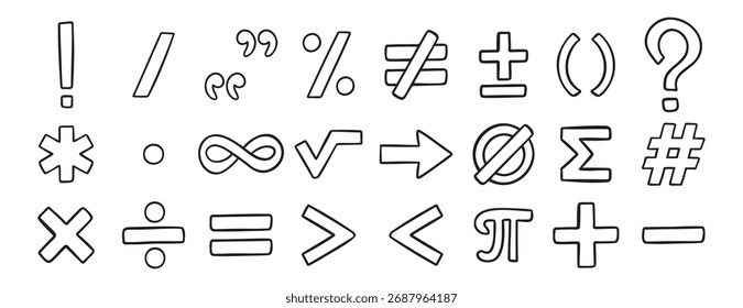 mathematische Symbole doodle handgezeichnete Symbolsatz. Kollektion von Skizzierlinien-Clipart-Symbolen. Vektorgrafik