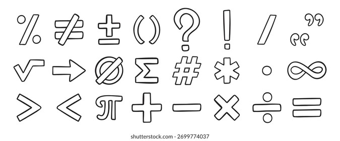Conjunto de iconos dibujados a mano de doodle de símbolos matemáticos. Colección de símbolos de Clipart de línea de dibujo de esquema. Ilustración vectorial