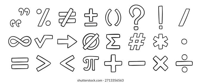 Conjunto de iconos dibujados a mano de doodle de símbolos matemáticos. Colección de símbolos de Clipart de línea de dibujo de esquema. Ilustración vectorial