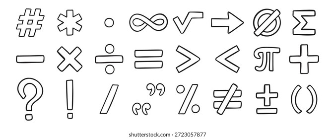 Conjunto de iconos dibujados a mano de doodle de símbolos matemáticos. Colección de símbolos de Clipart de línea de dibujo de esquema. Ilustración vectorial